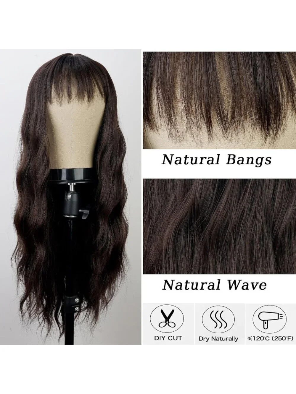 Women's Brown 26 Inch Natural Looking Synthetic Fiber Long Wavy Wigs Bangs